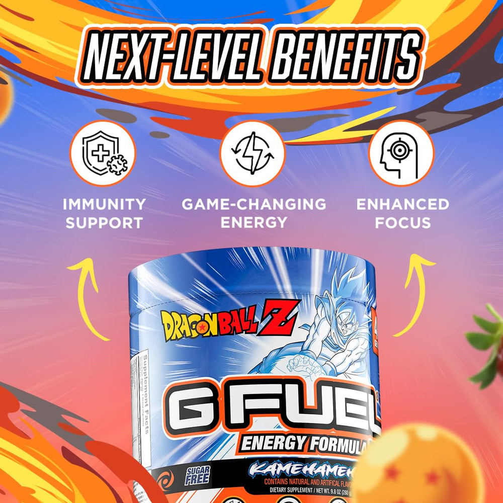 G Fuel Dragon Ball Z energy drink powder ingredients panel emphasizes antioxidants and vitamin blend for daily performance.