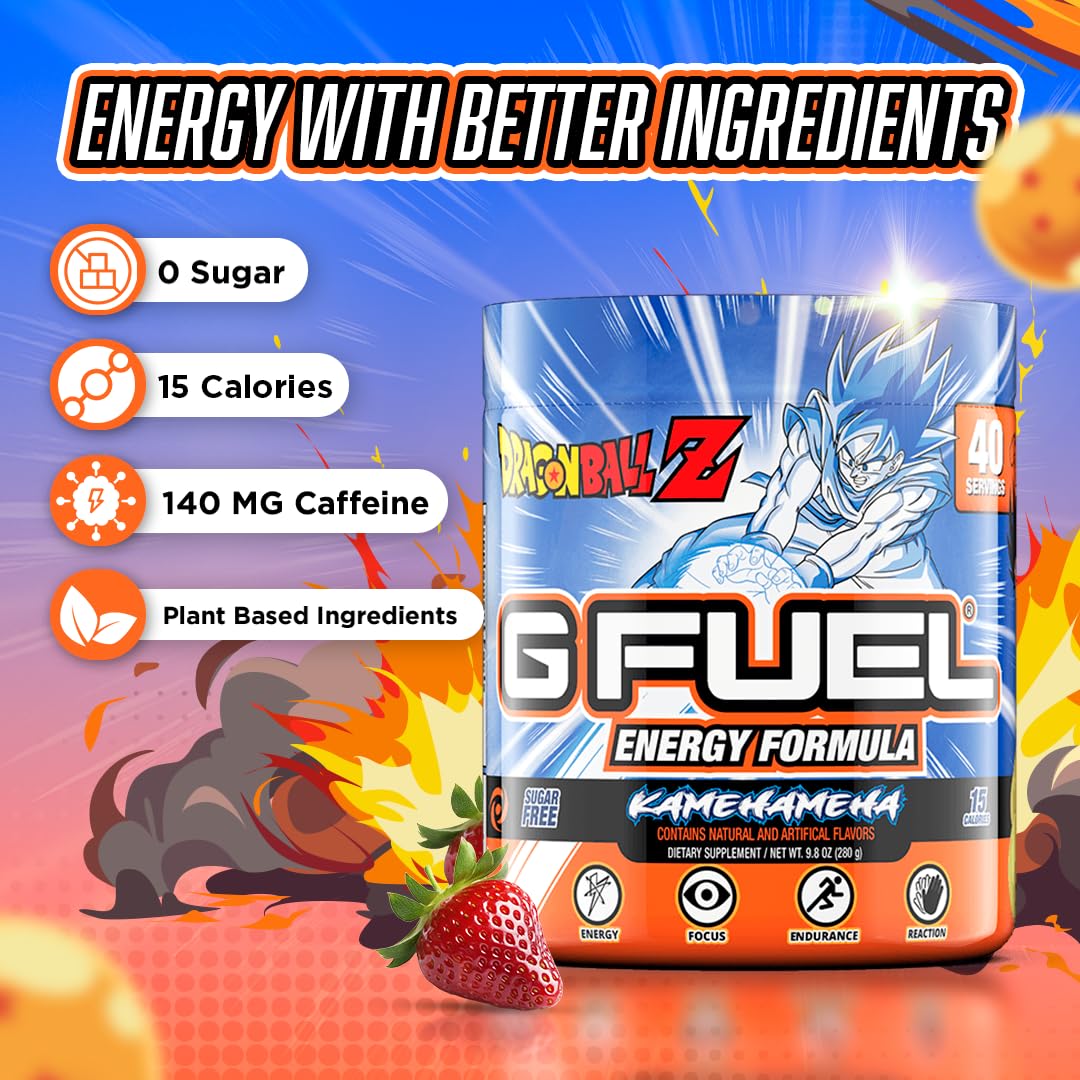 G Fuel Dragon Ball Z energy drink powder scoop with glass signals quick pre-game energy.
