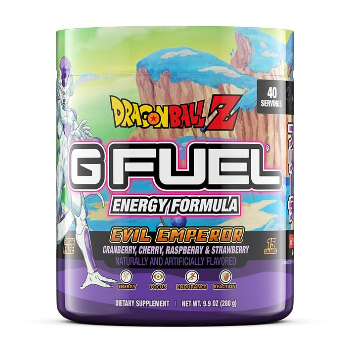 G Fuel Dragon Ball Z powder container highlighting berry medley flavor and clean energy.