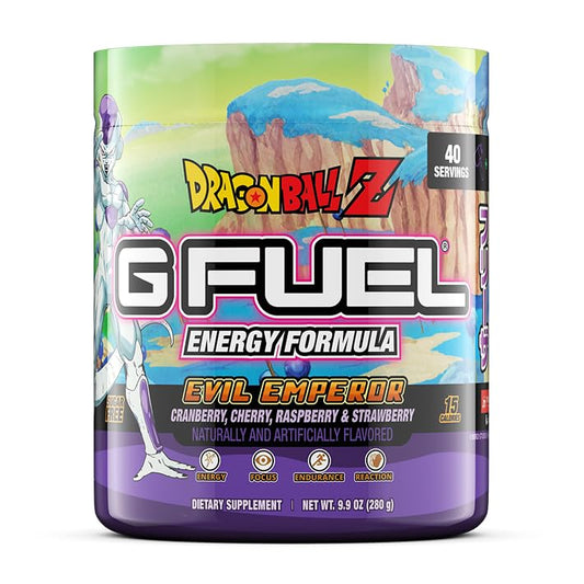 G Fuel Dragon Ball Z powder container highlighting berry medley flavor and clean energy.