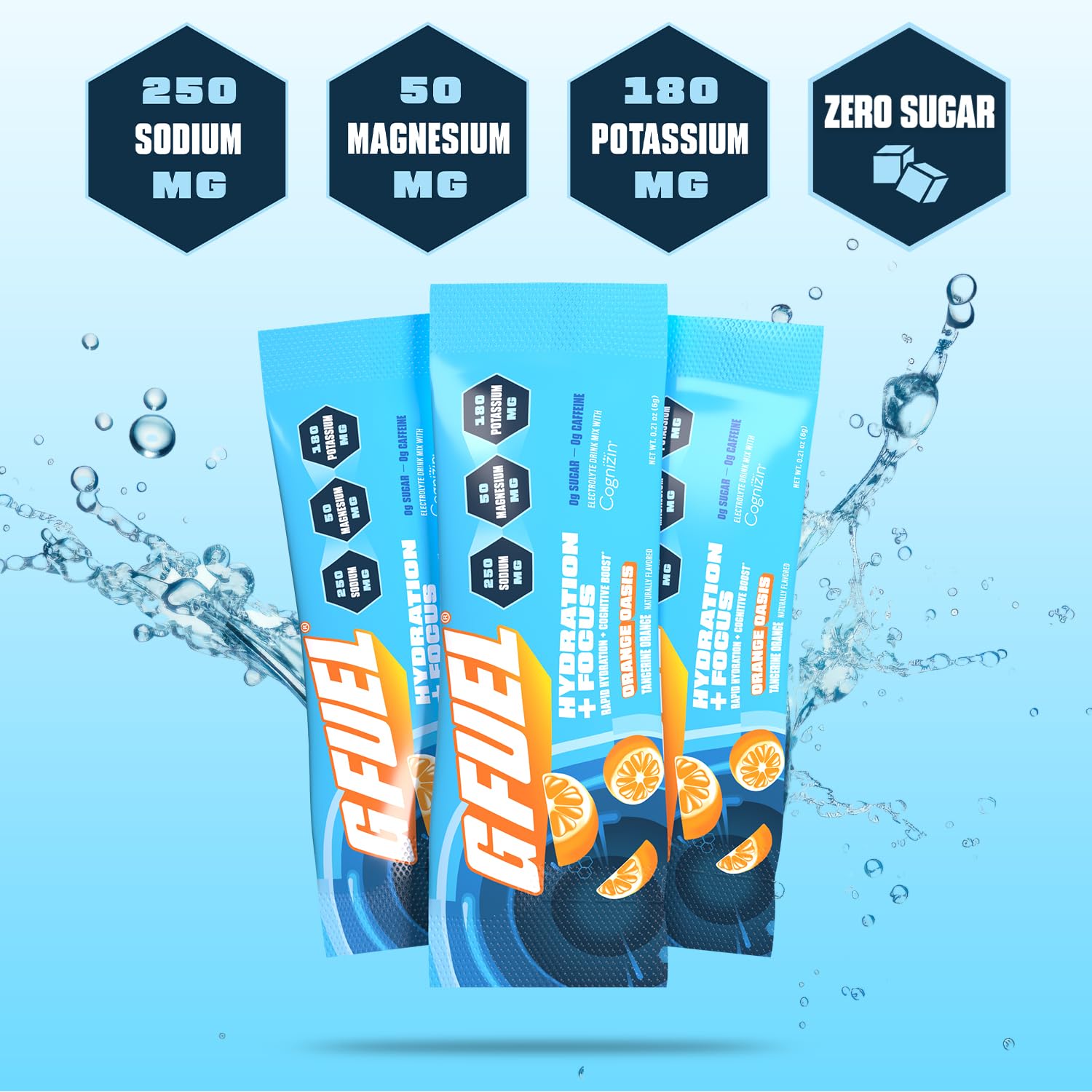 G Fuel Electrolytes Orange Oasis glass shown with refreshing zero sugar hydration.