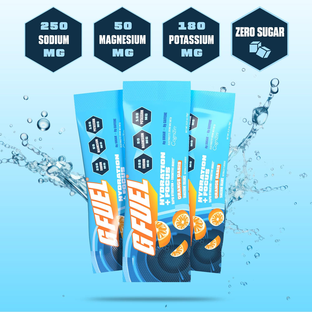 G Fuel Electrolytes Orange Oasis glass shown with refreshing zero sugar hydration.