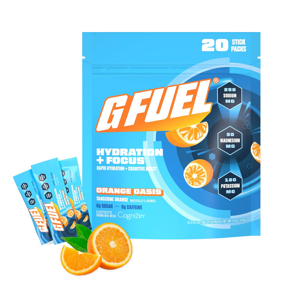 G Fuel Electrolytes Orange Oasis tub ready for quick hydration during workouts.