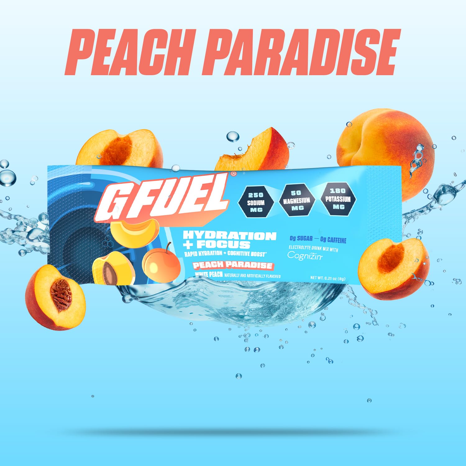 G Fuel peach powder scoop for quick, refreshing hydration.