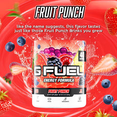 G Fuel Fruit Punch nutrition label highlights sugar-free formula and low calories