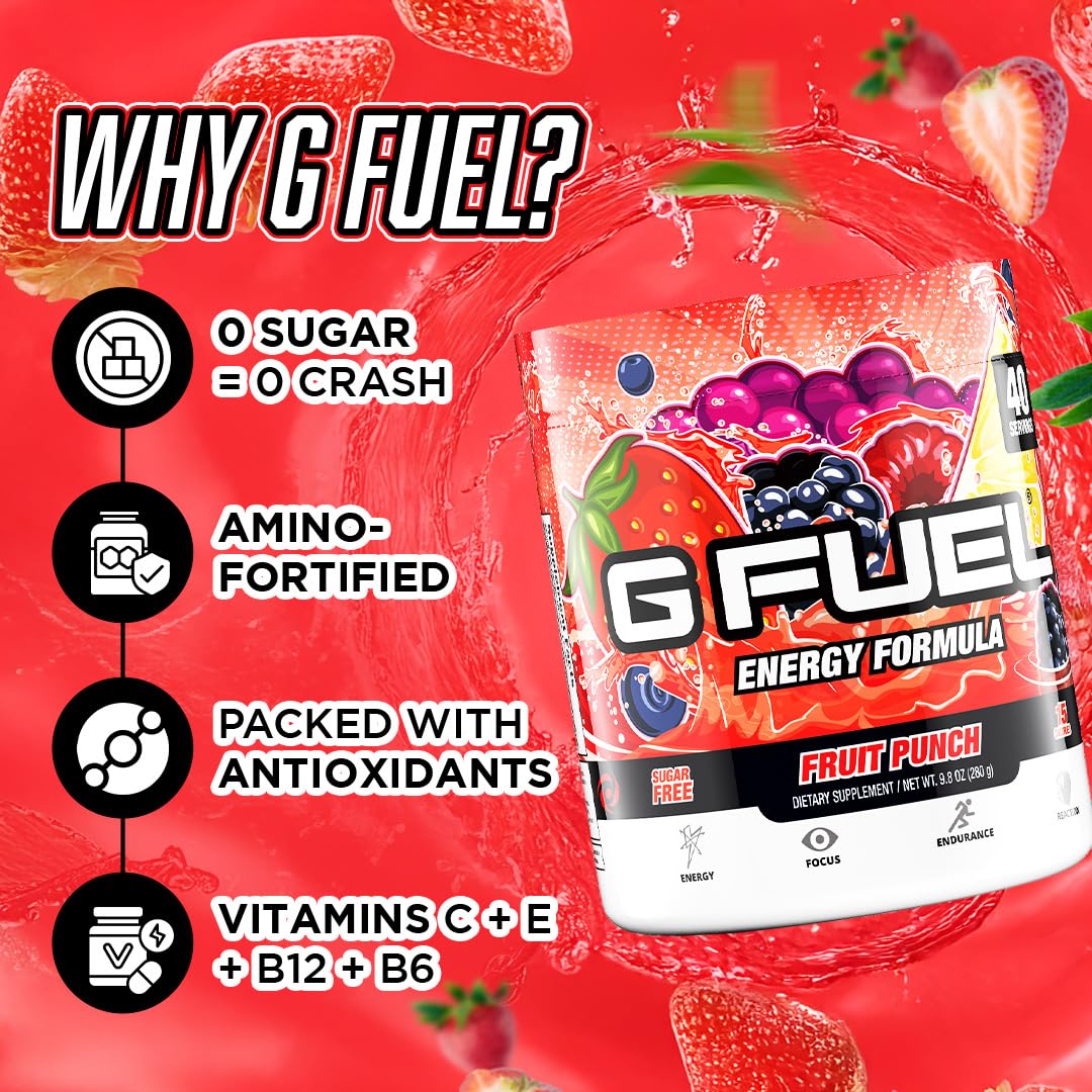 G Fuel Fruit Punch packaging display emphasizes flavor appeal and reliable branding