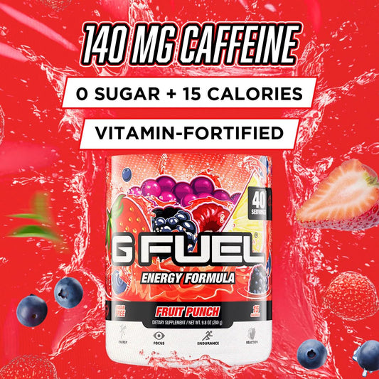 G Fuel Fruit Punch scoop and tub show convenient serving for focused workouts