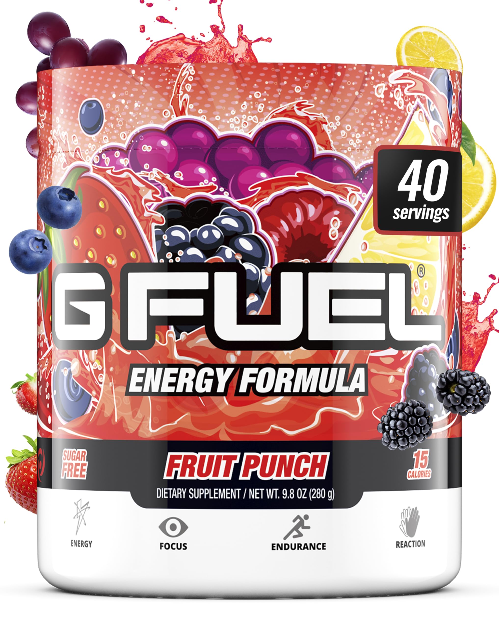 G Fuel Fruit Punch tub close-up showing powder for quick energy