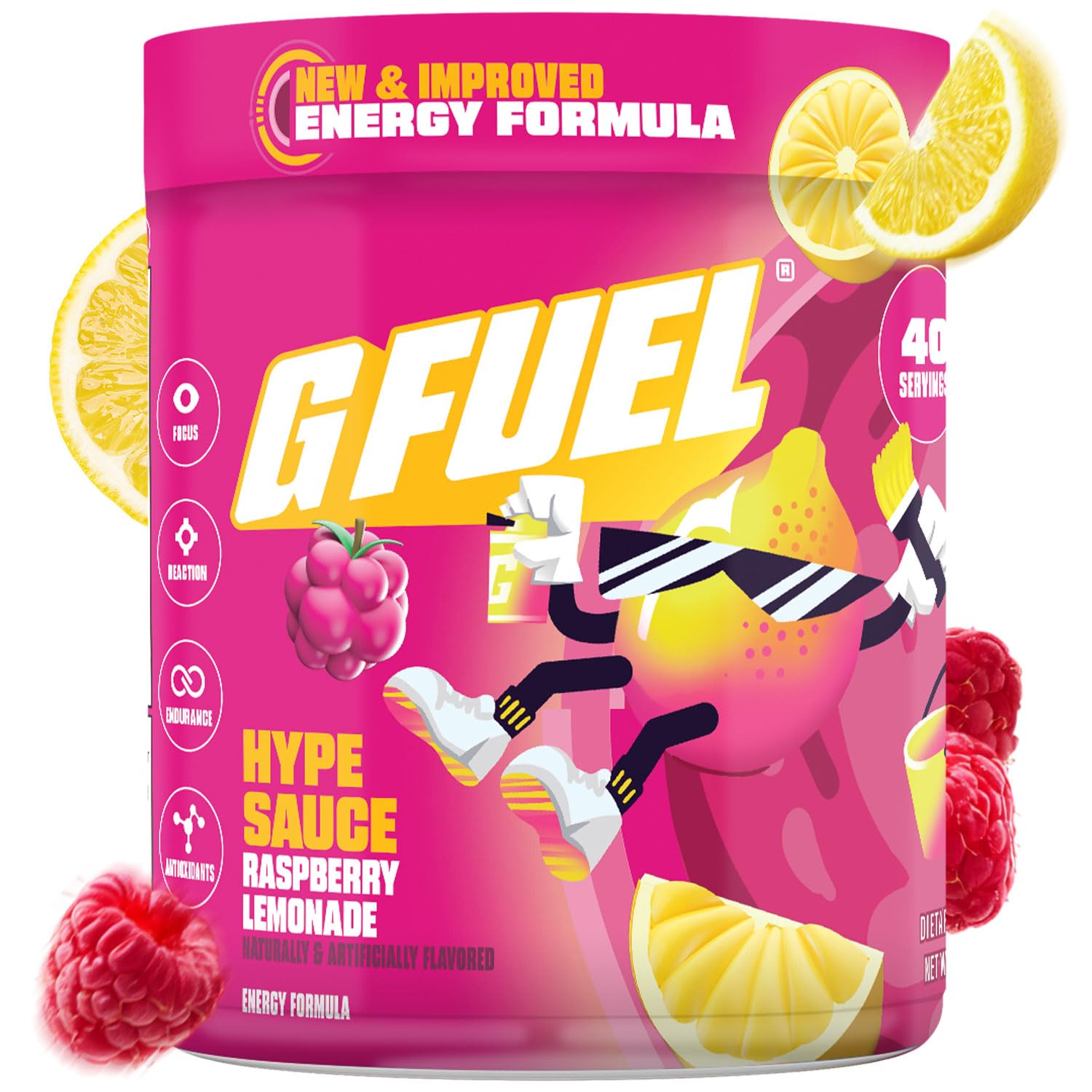 G Fuel Hype Sauce Raspberry Lemonade tub boosts focus for gaming sessions.