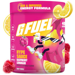 G Fuel Hype Sauce Raspberry Lemonade tub boosts focus for gaming sessions.