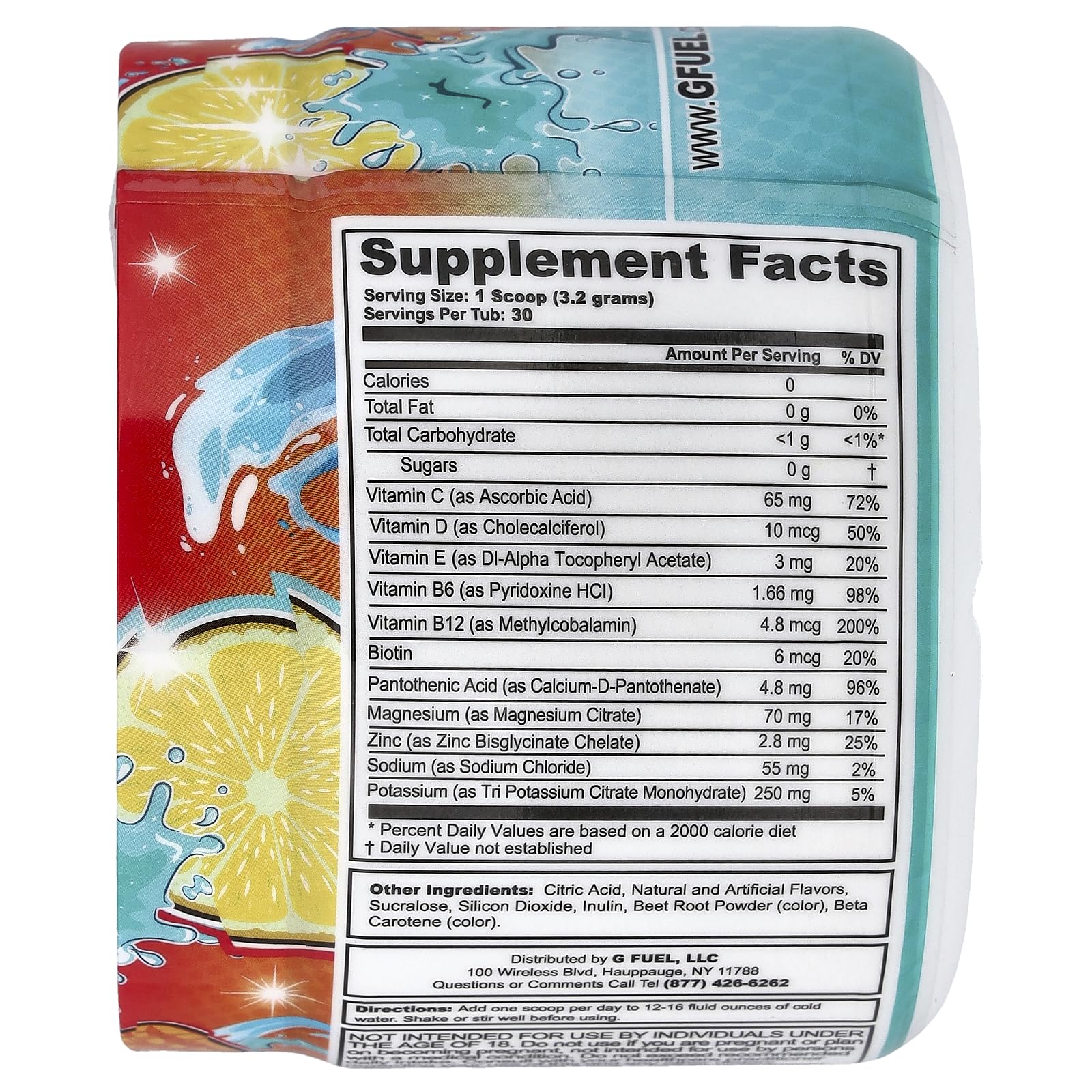 G Fuel Mango Lemonade Supreme Hydration tub with scoop for easy zero-sugar hydration.