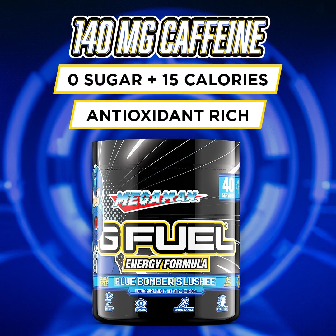 G Fuel Megaman Blue Slushee glass showing refreshing energy without sugar