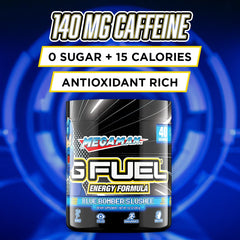 G Fuel Megaman Blue Slushee glass showing refreshing energy without sugar