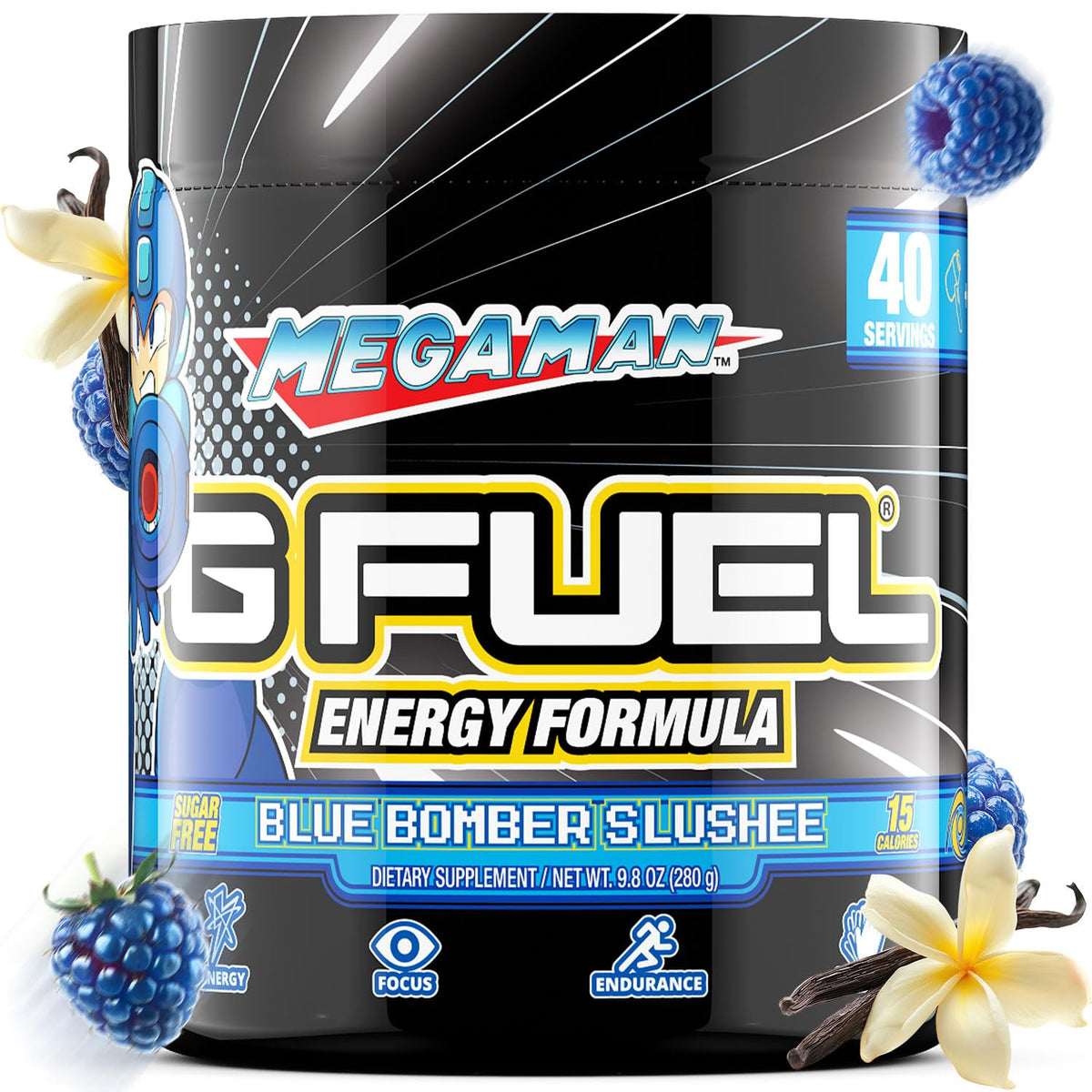 G Fuel Megaman Blue Slushee tub for sugar-free energy during long gaming sessions