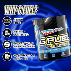 G Fuel Megaman caffeine focus graph illustrating 140 mg caffeine and mental clarity