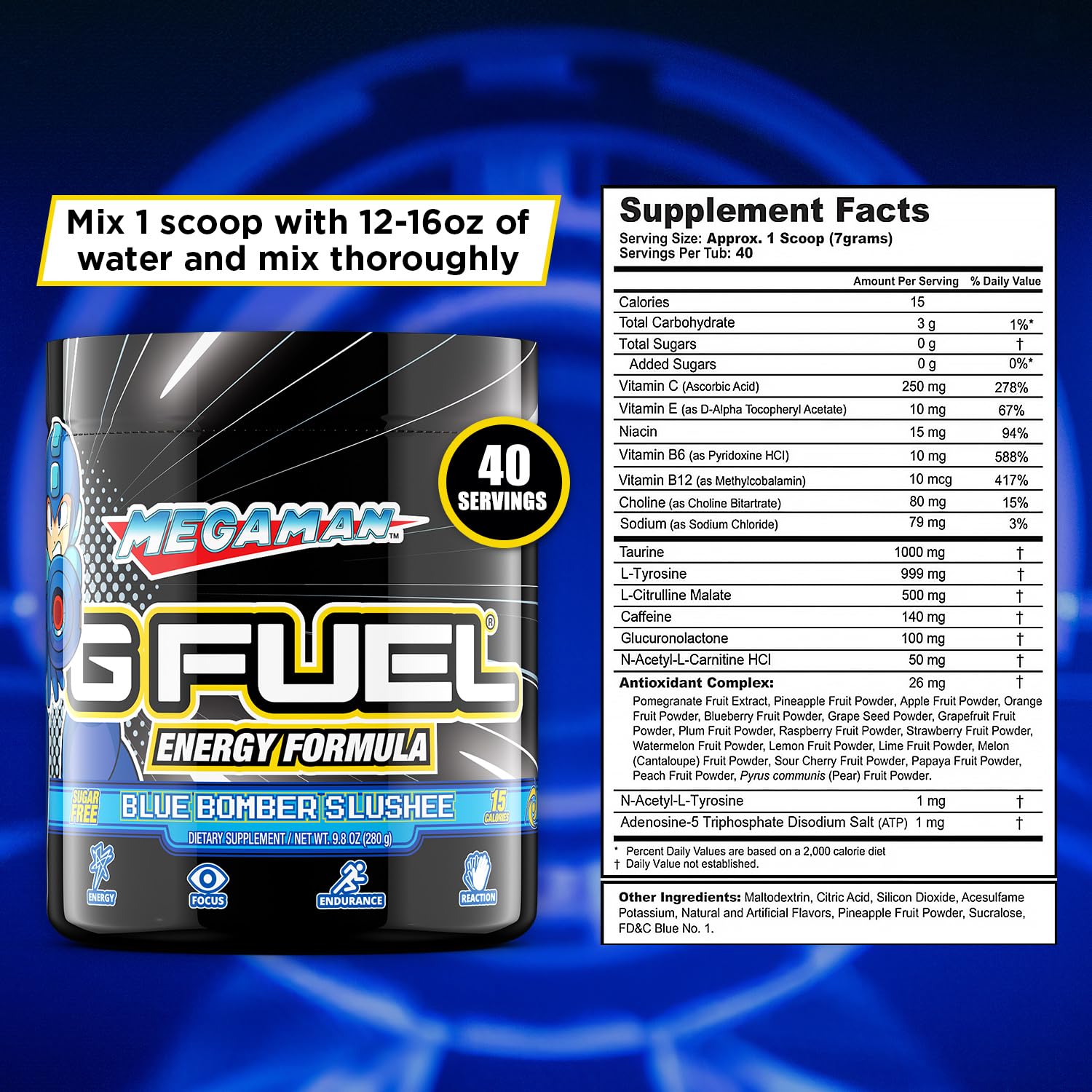 G Fuel Megaman powder scoop ready for quick pre workout style boost
