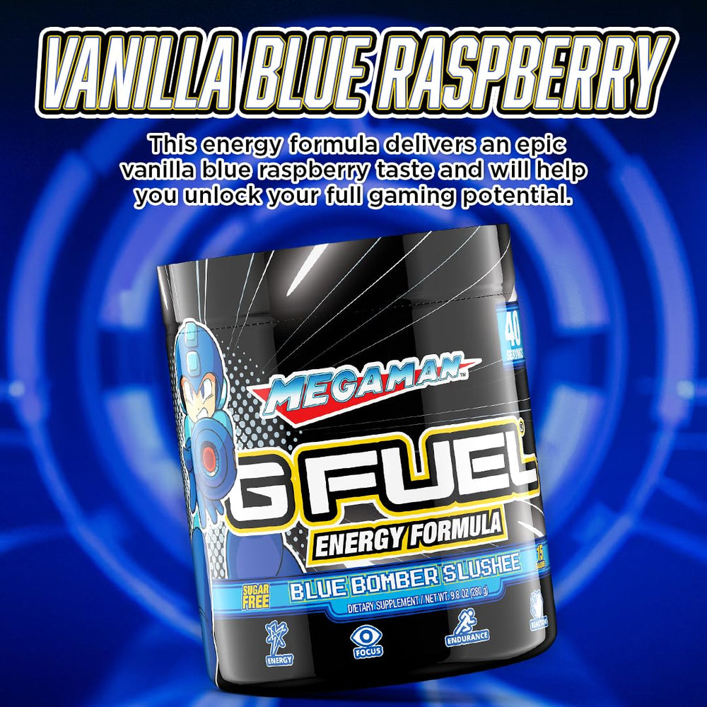 G Fuel Megaman zero sugar logo emphasizing sugar-free energy without crash