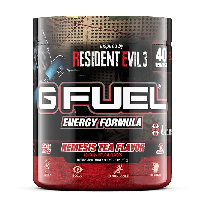 G Fuel Nemesis Tea powder tub label shows energizing caffeine blend for focused gaming sessions.