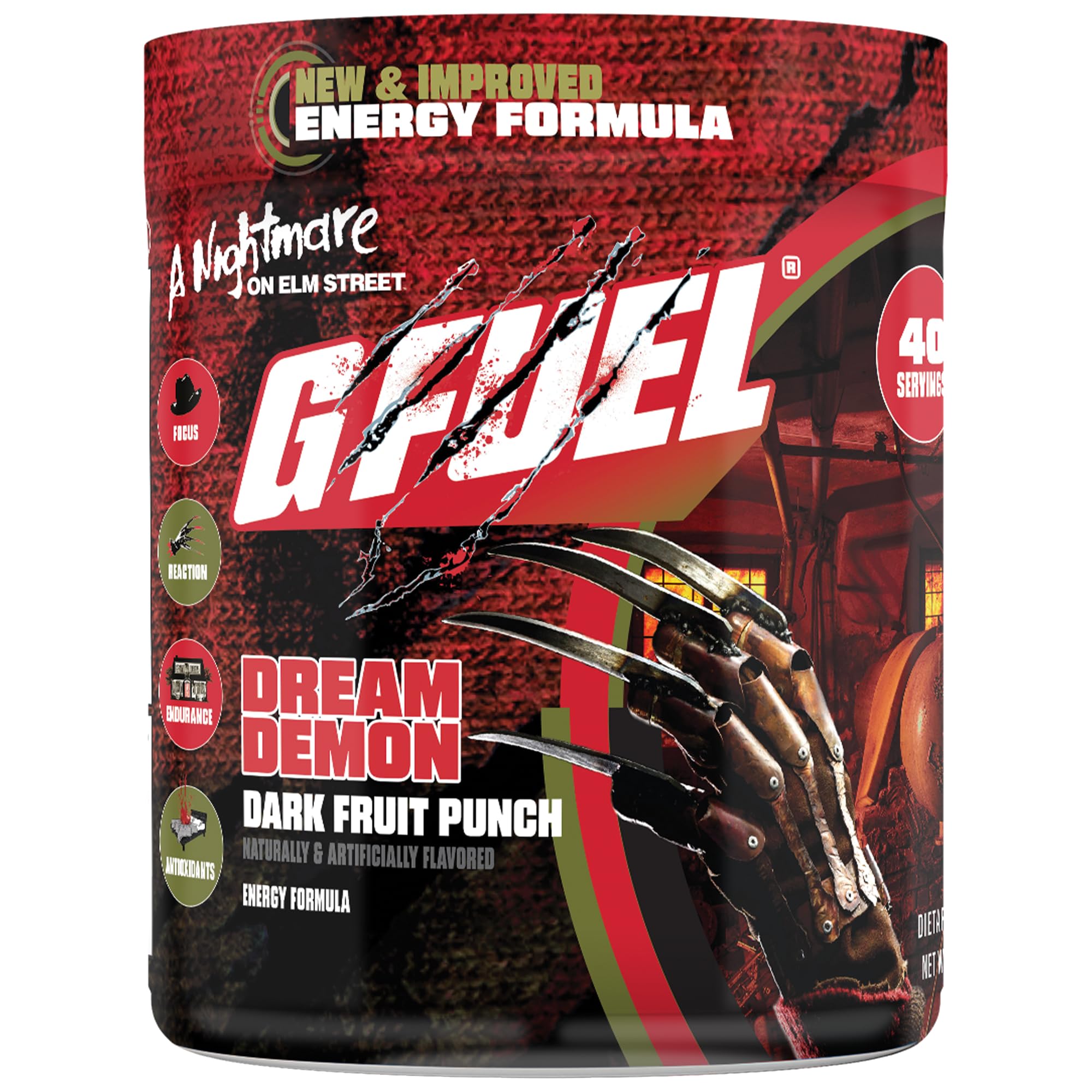 G Fuel Nightmare On Elm Street 2.0 canister ready for gaming energy and focus.