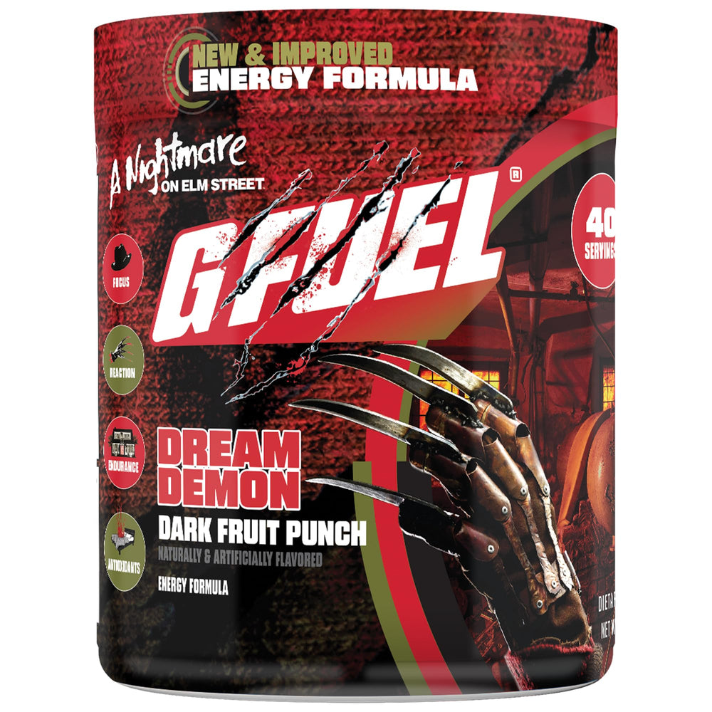 G Fuel Nightmare On Elm Street 2.0 canister ready for gaming energy and focus.