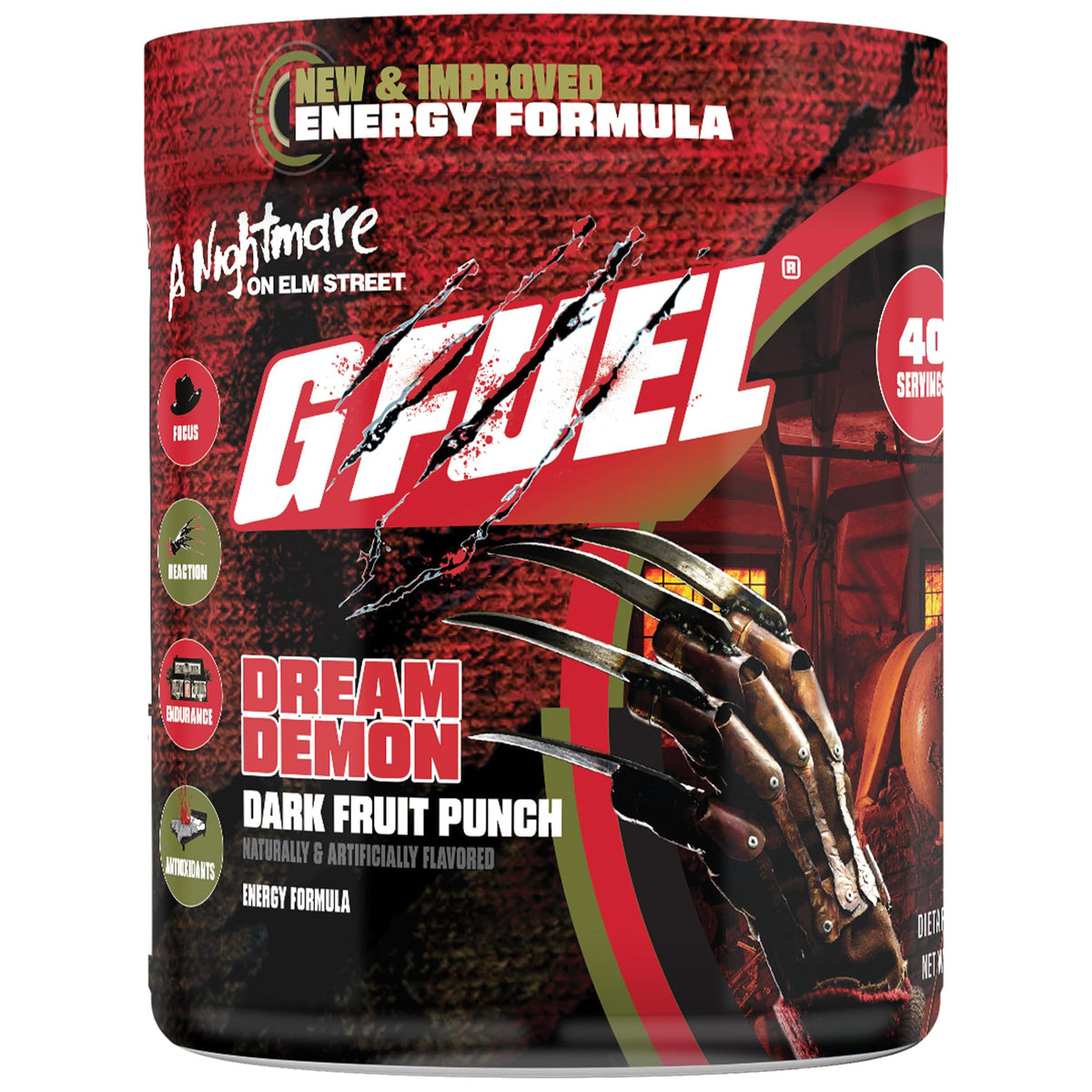 G Fuel Nightmare On Elm Street 2.0 canister ready for gaming energy and focus.