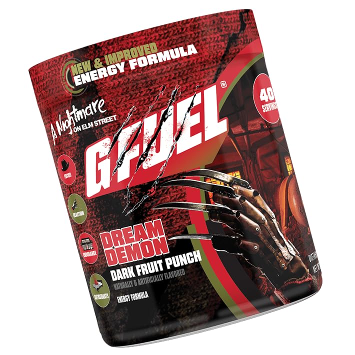G Fuel Nightmare On Elm Street 2.0 closeup of the ingredient label featuring vitamins and antioxidants.