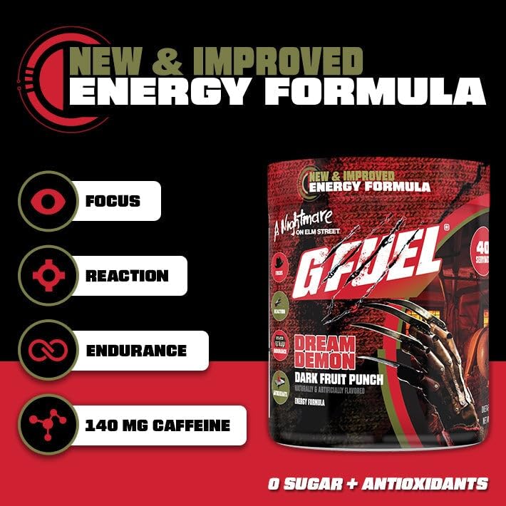 G Fuel Nightmare On Elm Street 2.0 Tart Fruit Punch label for energizing gaming sessions.