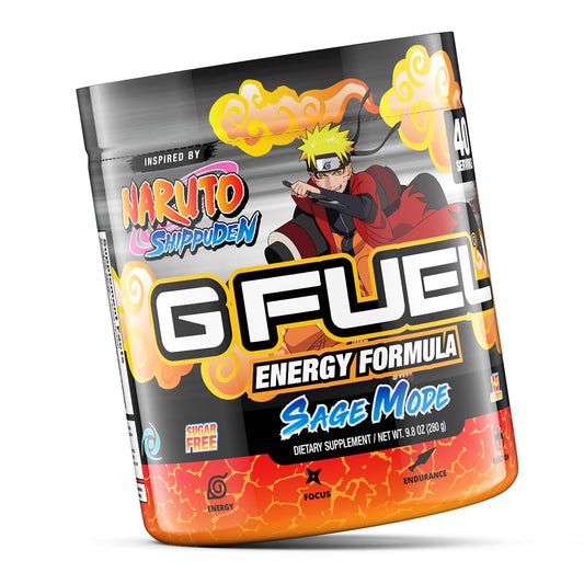 G Fuel Sage Mode flavor label close-up highlighting grapefruit and white peach taste and alertness boost