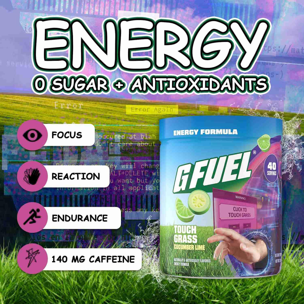 G Fuel Touch Grass being poured into a glass for a sugar-free energy and focus boost during gaming.