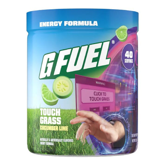 G Fuel Touch Grass tub front view with cucumber lime flavor for a clean energy boost.