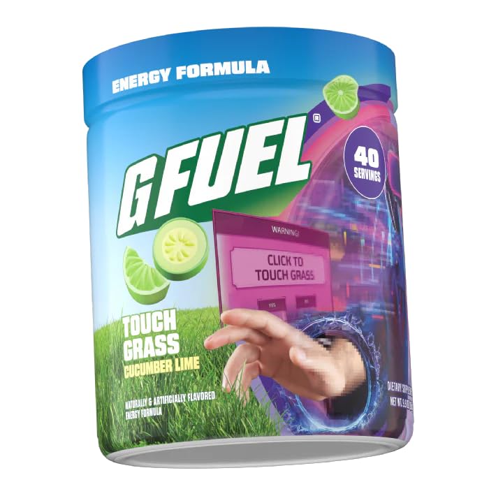 G Fuel Touch Grass label highlights antioxidants and vitamins for daily wellness.