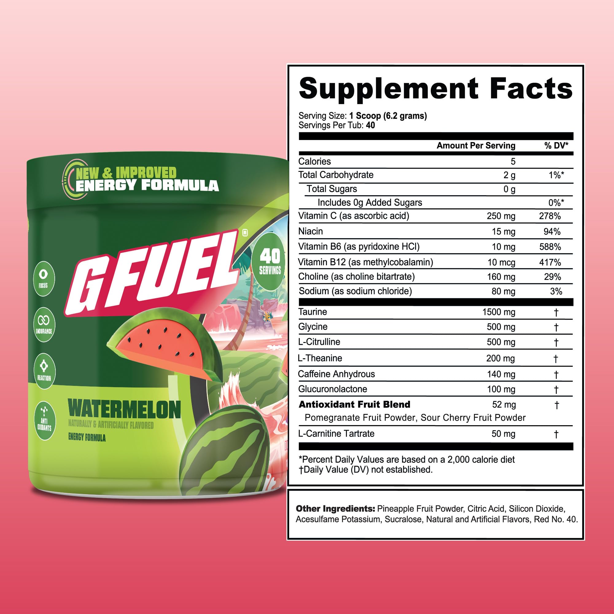 G Fuel Watermelon antioxidants and vitamins label highlights key nutrients