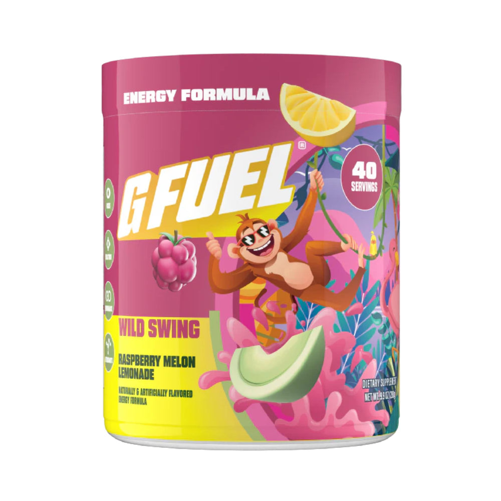 G Fuel Wild Swing tub front shows Raspberry Melon Lemonade, a sugar-free energy option.