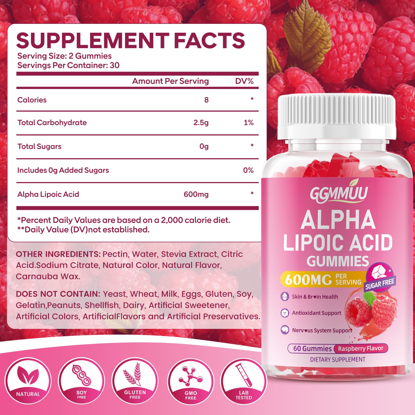 GGMMUU Alpha Lipoic Acid Gummies raspberry flavor chews designed for convenient daily wellness