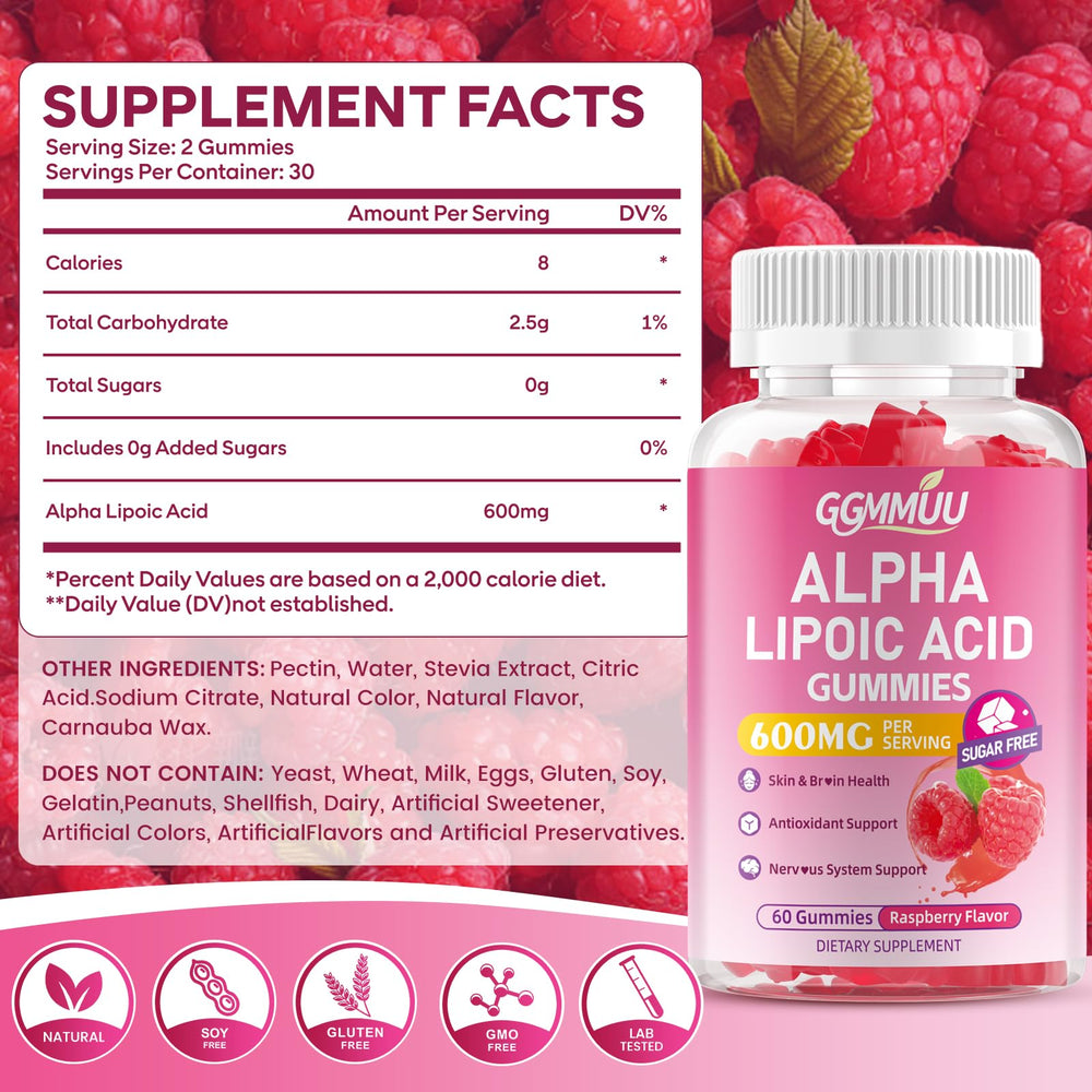 GGMMUU Alpha Lipoic Acid Gummies raspberry flavor chews designed for convenient daily wellness