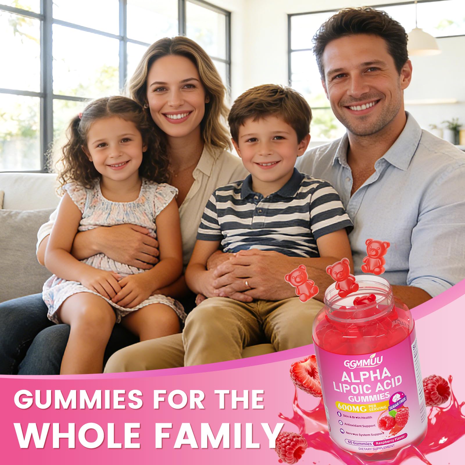 GGMMUU Alpha Lipoic Acid Gummies sugar-free badge beside bottle for sugar-conscious choices
