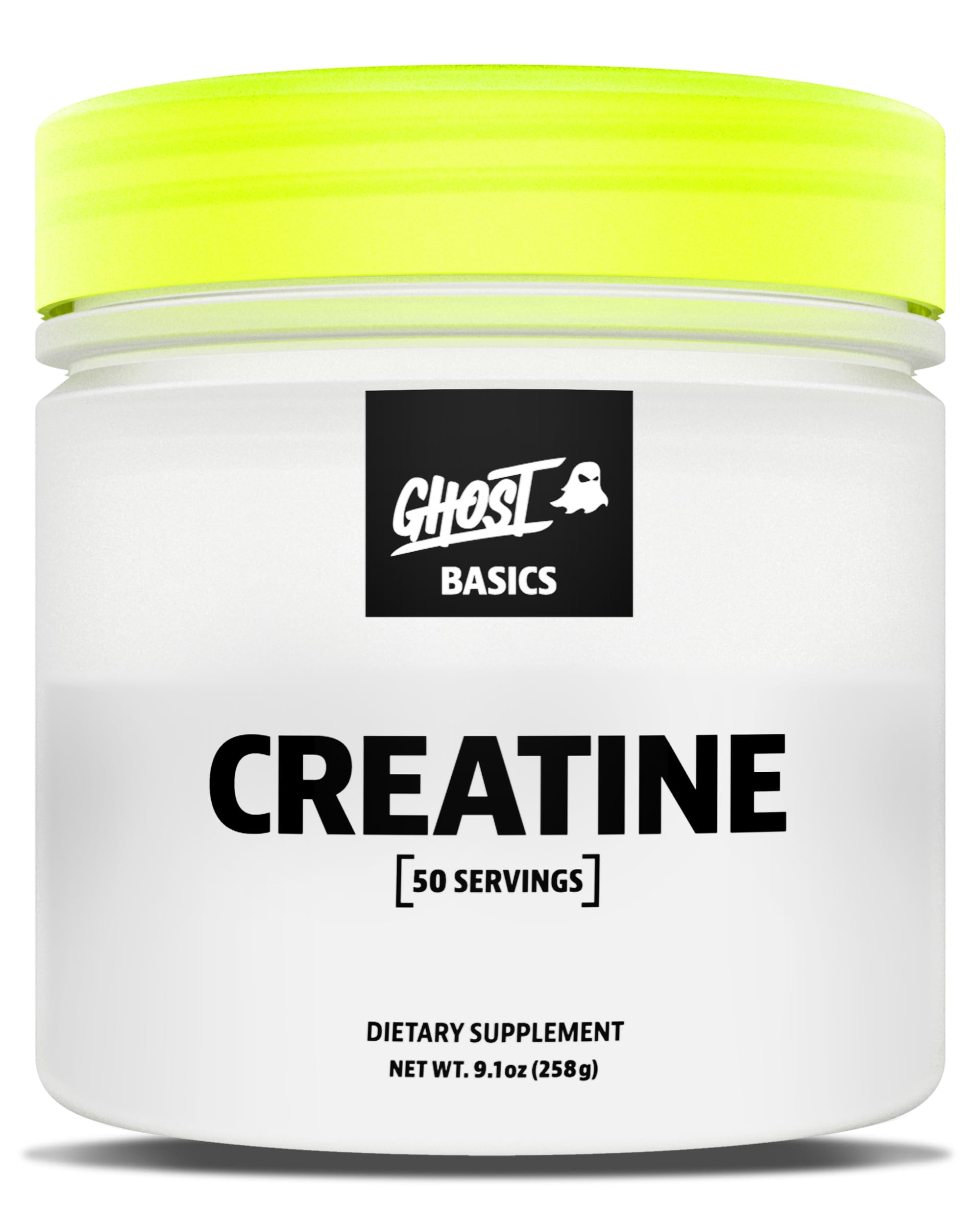 GHOST Basics Creatine monohydrate tub front view for daily workout support.