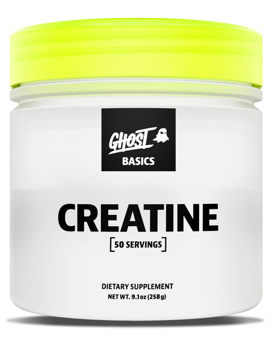GHOST Basics Creatine monohydrate tub front view for daily workout support.