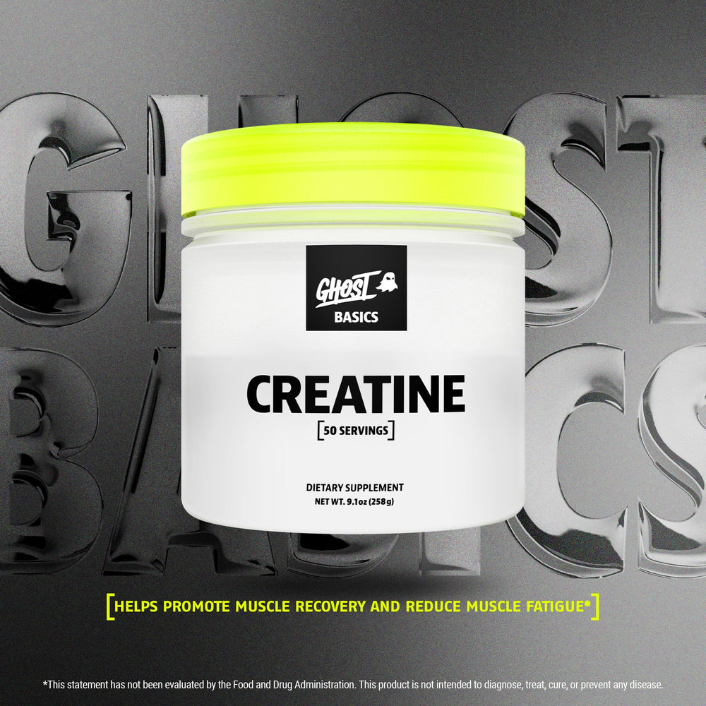 GHOST Basics Creatine serving scoop dispensing into a shaker for easy mixing.