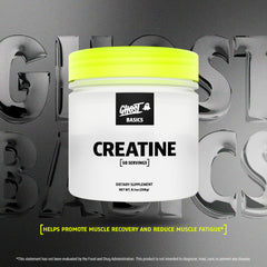 GHOST Basics Creatine serving scoop dispensing into a shaker for easy mixing.