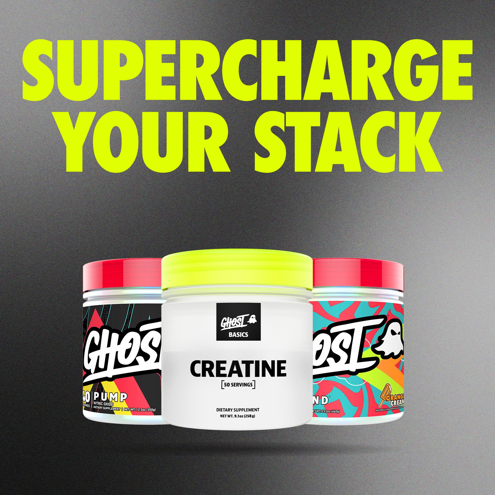 GHOST Basics Creatine transparent label close-up showing clear dosage.