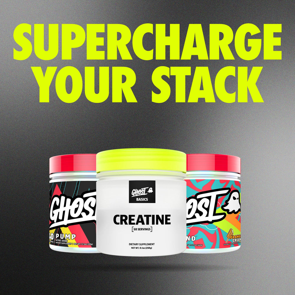 GHOST Basics Creatine transparent label close-up showing clear dosage.