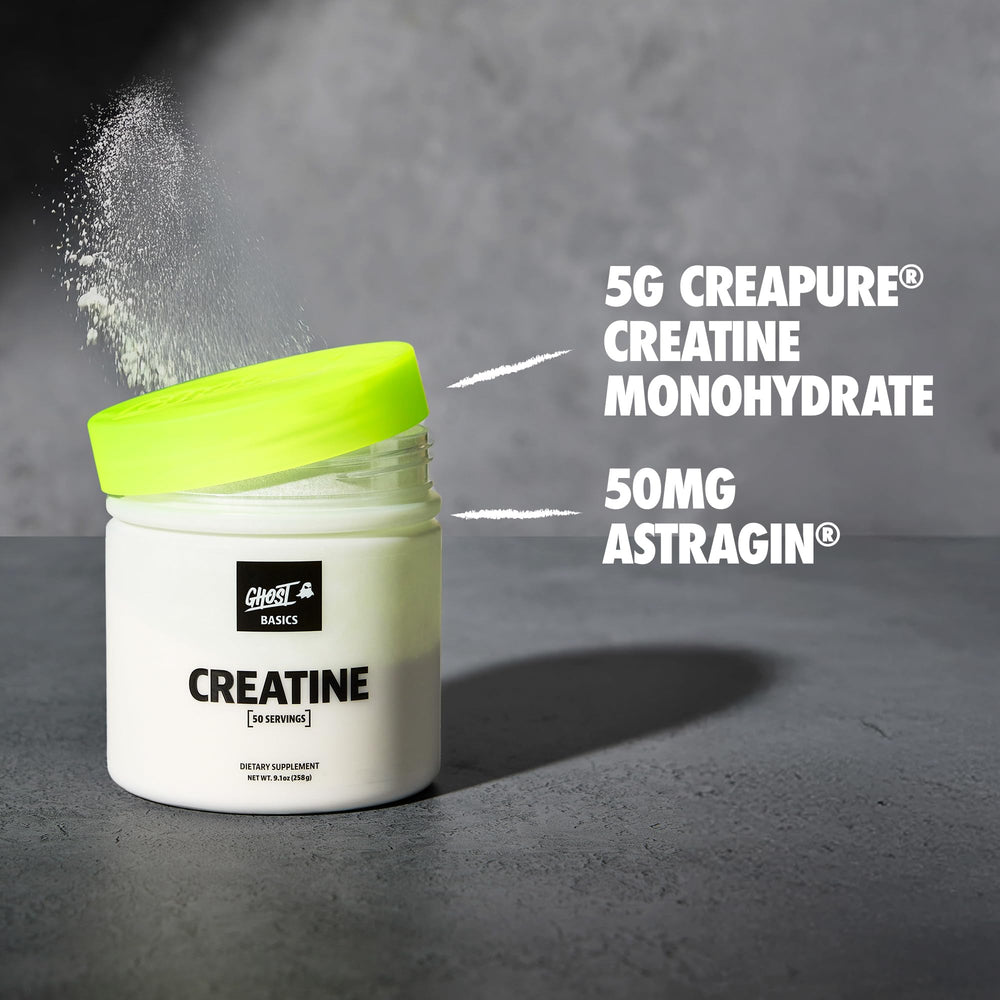 GHOST Basics Creatine unflavored powder close-up ideal for stacking with other supplements.