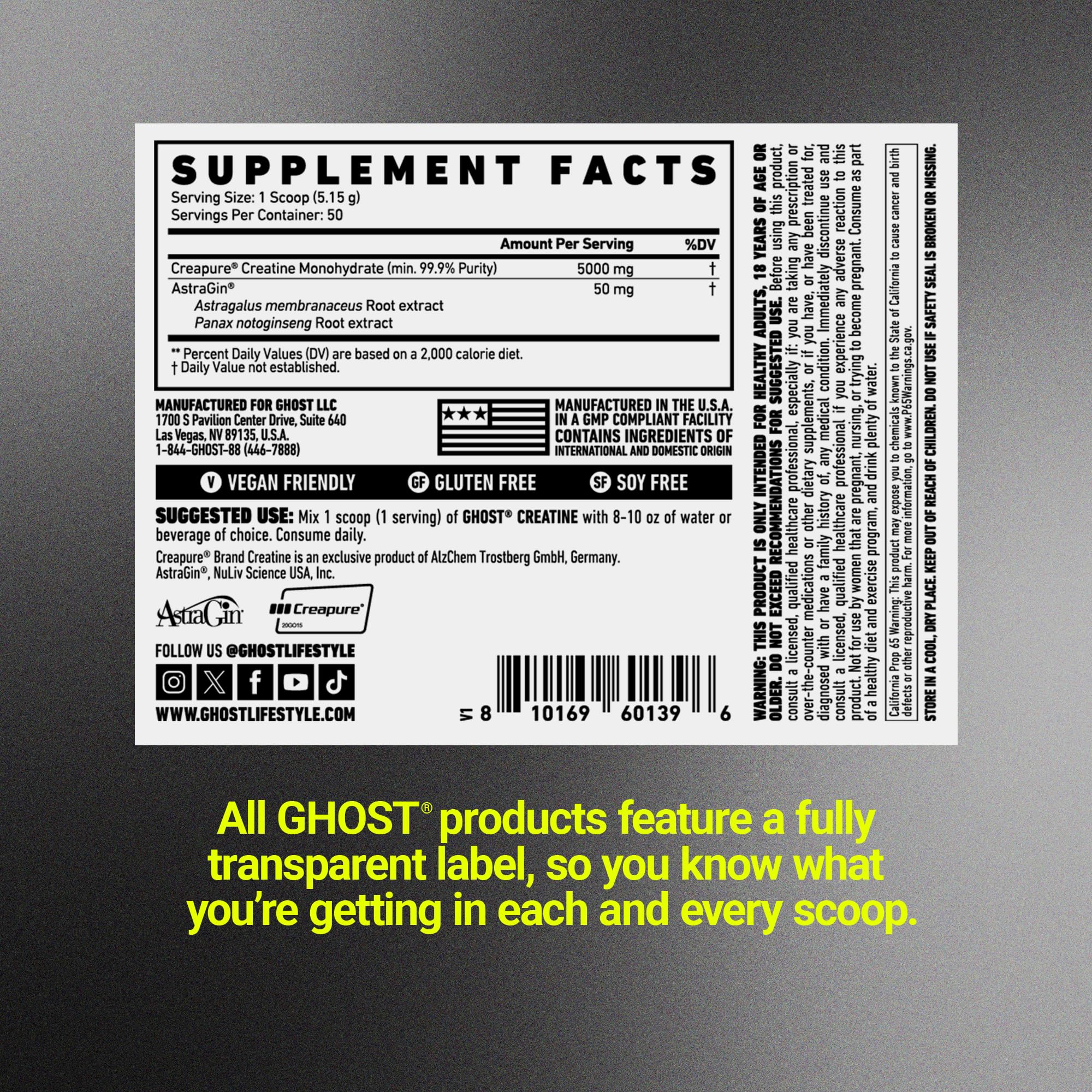 GHOST Basics Creatine vegan and gluten-free symbols on the label.