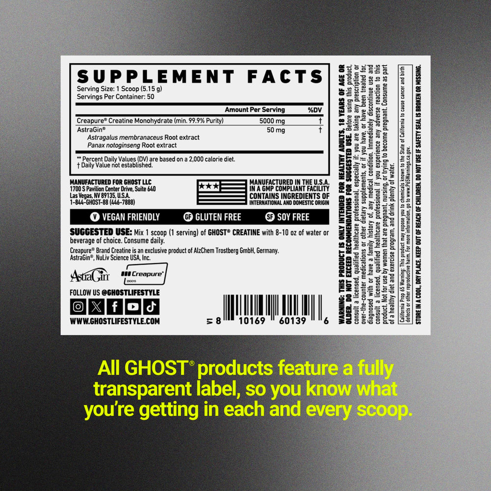 GHOST Basics Creatine vegan and gluten-free symbols on the label.