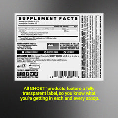 GHOST Basics Creatine vegan and gluten-free symbols on the label.