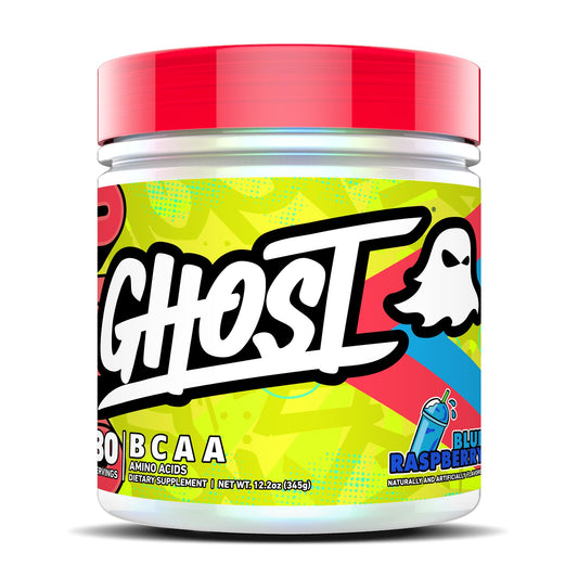 Ghost BCAA Blue Raspberry bottle showing sugar-free amino drink for workouts