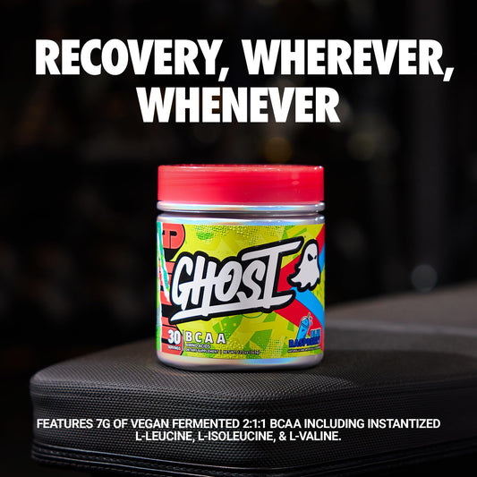 Ghost BCAA Blue Raspberry scoop beside powder, highlighting convenient pre/post workout fuel