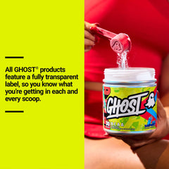 Ghost BCAA Blue Raspberry serving on a countertop, suggesting around-the-clock refreshment