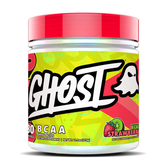 GHOST BCAA Kiwi Strawberry bottle pour shows a sugar-free workout hydration option